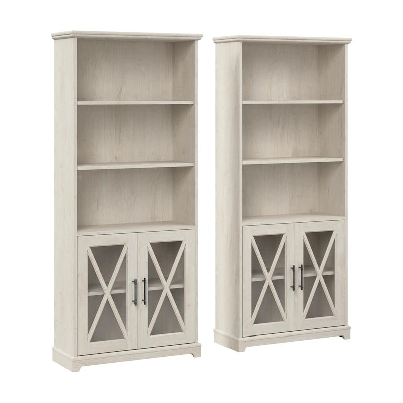Bibliothèque de ferme à 5 étagères avec portes en verre, lot de 2, étagères réglables, style naturel et décontracté