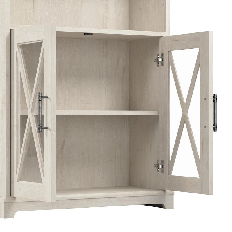 Bibliothèque de ferme à 5 étagères avec portes en verre, lot de 2, étagères réglables, style naturel et décontracté