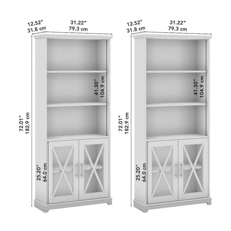 Bibliothèque de ferme à 5 étagères avec portes en verre, lot de 2, étagères réglables, style naturel et décontracté