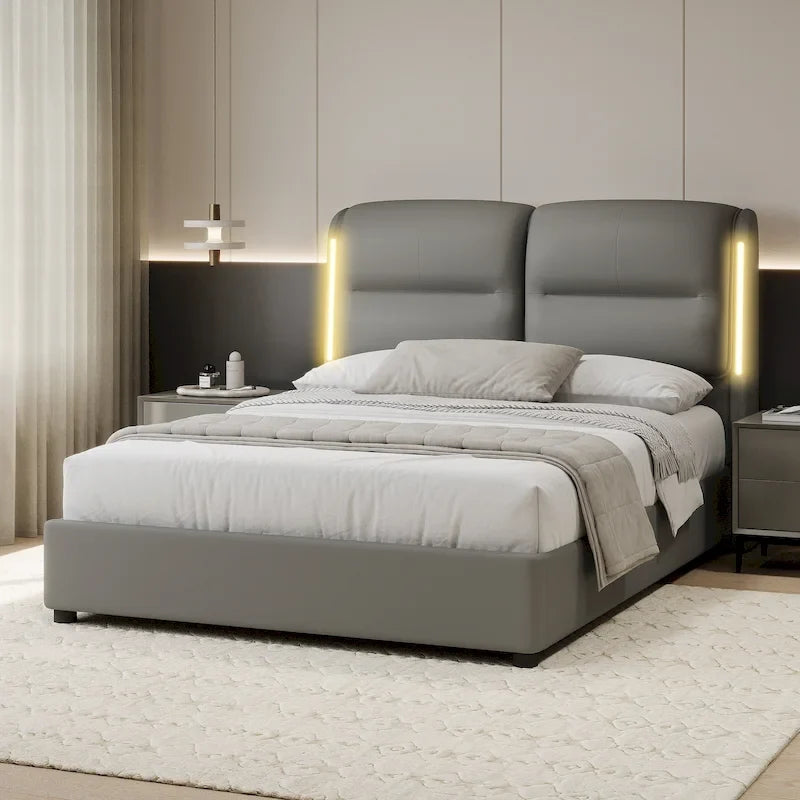 Lit plateforme hydraulique moderne King Size avec rangement relevable et lumières LED à capteur, cadre en métal, pas besoin de sommier tapissier