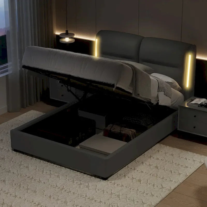 Lit plateforme hydraulique moderne King Size avec rangement relevable et lumières LED à capteur, cadre en métal, pas besoin de sommier tapissier