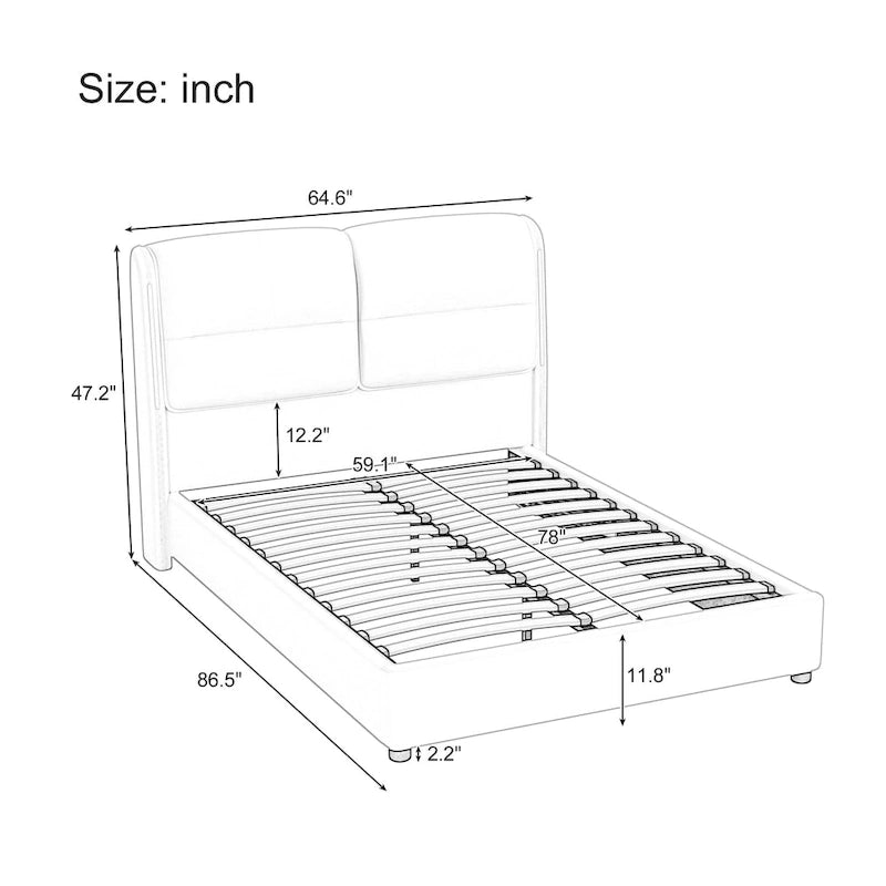 Lit plateforme hydraulique moderne King Size avec rangement relevable et lumières LED à capteur, cadre en métal, pas besoin de sommier tapissier