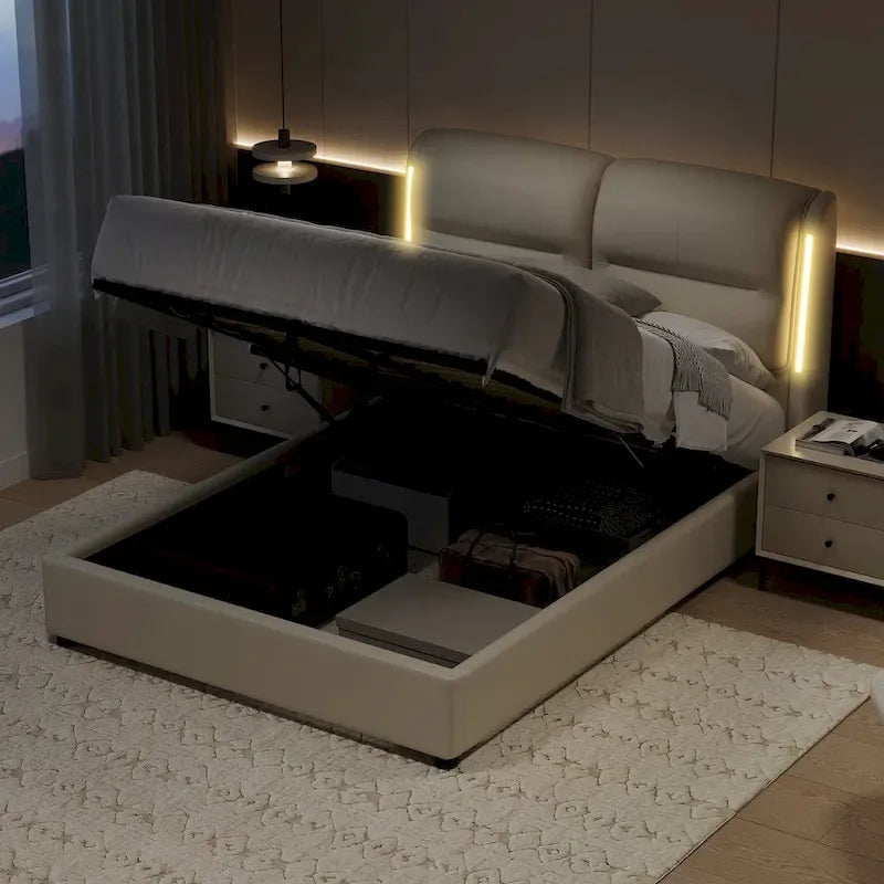 Lit plateforme hydraulique moderne King Size avec rangement relevable et lumières LED à capteur, cadre en métal, pas besoin de sommier tapissier