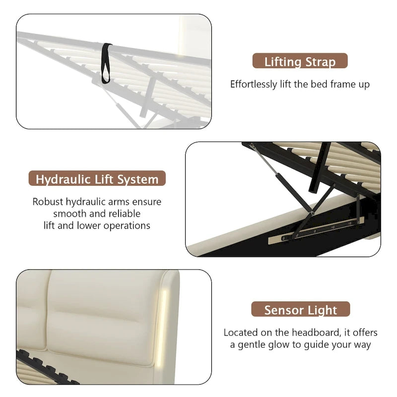 Lit plateforme hydraulique moderne King Size avec rangement relevable et lumières LED à capteur, cadre en métal, pas besoin de sommier tapissier