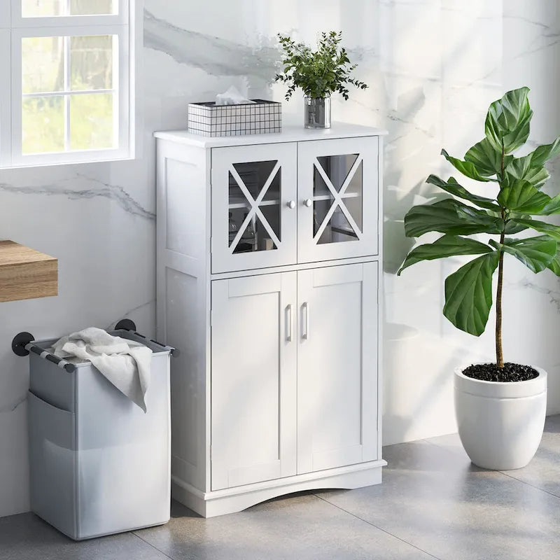 Meuble de rangement pour linge de bain autonome à 5 niveaux avec portes et 3 étagères réglables, grande capacité