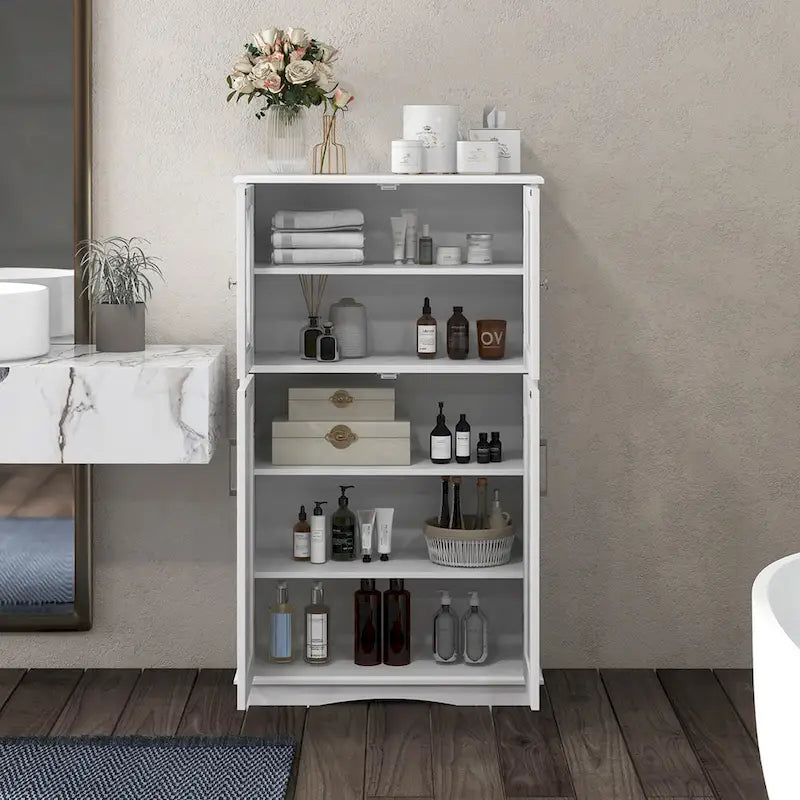 Meuble de rangement pour linge de bain autonome à 5 niveaux avec portes et 3 étagères réglables, grande capacité