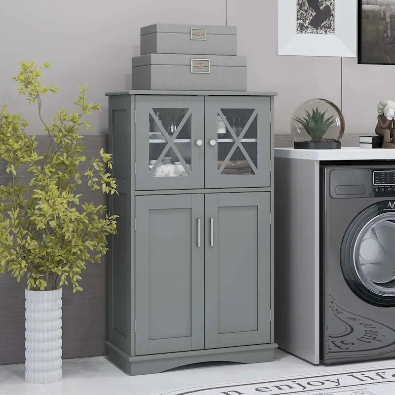 Meuble de rangement pour linge de bain autonome à 5 niveaux avec portes et 3 étagères réglables, grande capacité