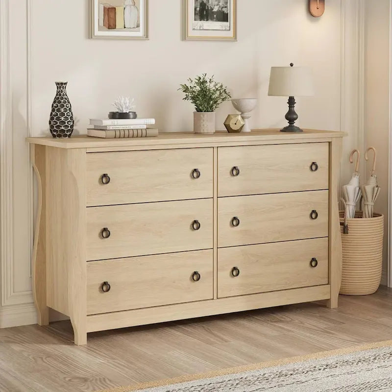 Commode à 6 tiroirs naturelle pour salon, chambre, entrée