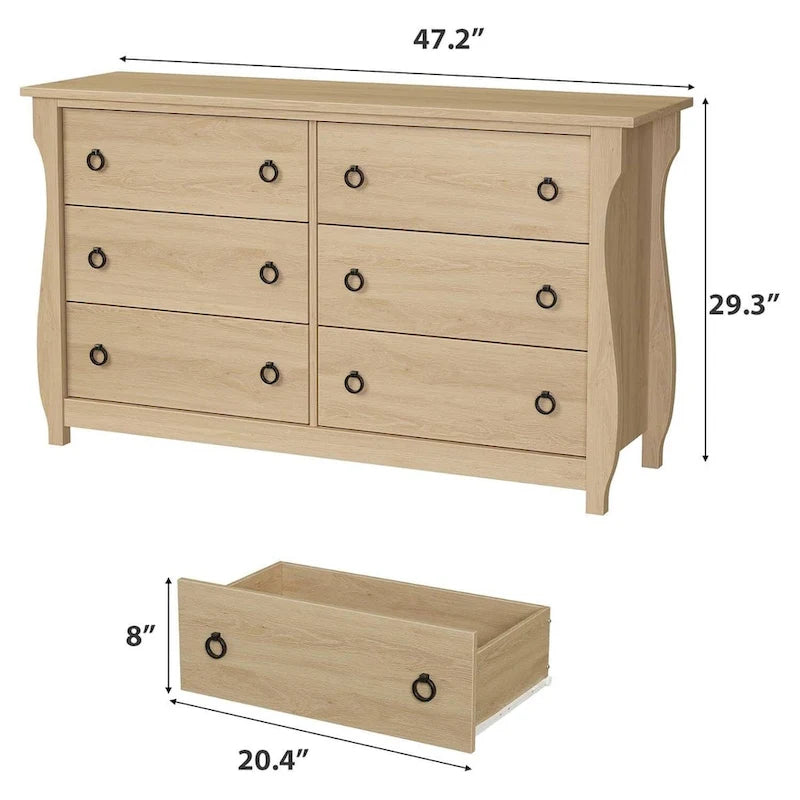 Commode à 6 tiroirs naturelle pour salon, chambre, entrée