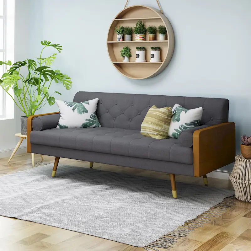 Canapé en tissu touffeté Mid-Century Modern avec pieds en bois de bouleau, capitonnage, rembourrage en mousse, 4 options de couleur