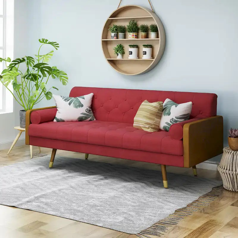 Canapé en tissu touffeté Mid-Century Modern avec pieds en bois de bouleau, capitonnage, rembourrage en mousse, 4 options de couleur