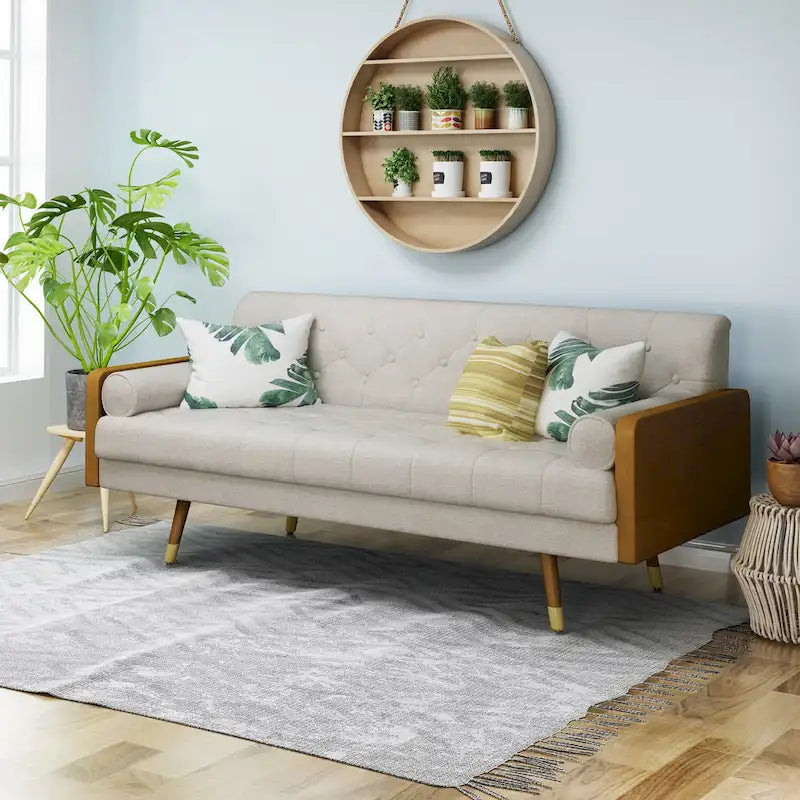 Canapé en tissu touffeté Mid-Century Modern avec pieds en bois de bouleau, capitonnage, rembourrage en mousse, 4 options de couleur