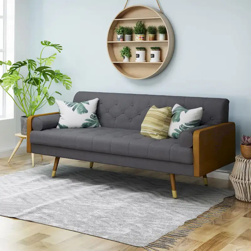 Canapé en tissu touffeté Mid-Century Modern avec pieds en bois de bouleau, capitonnage, rembourrage en mousse, 4 options de couleur