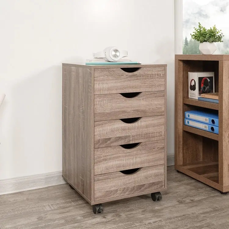 Commode à 5 tiroirs, commode de rangement en bois avec roulettes, organisateur de rangement pour travaux manuels et unité de rangement de bureau avec tiroirs