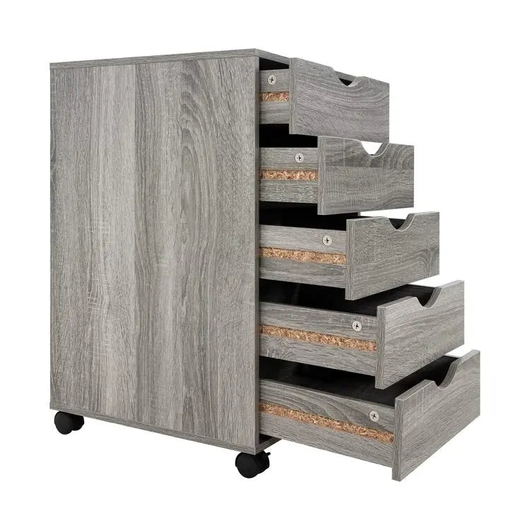 Commode à 5 tiroirs, commode de rangement en bois avec roulettes, organisateur de rangement pour travaux manuels et unité de rangement de bureau avec tiroirs