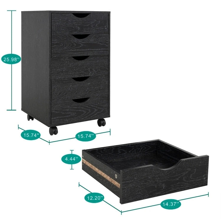 Commode à 5 tiroirs, commode de rangement en bois avec roulettes, organisateur de rangement pour travaux manuels et unité de rangement de bureau avec tiroirs