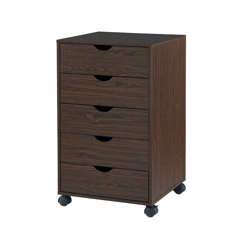 Commode à 5 tiroirs, commode de rangement en bois avec roulettes, organisateur de rangement pour travaux manuels et unité de rangement de bureau avec tiroirs