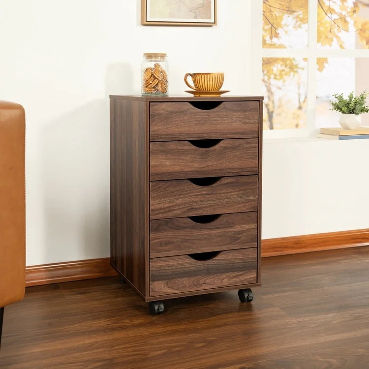 Commode à 5 tiroirs, commode de rangement en bois avec roulettes, organisateur de rangement pour travaux manuels et unité de rangement de bureau avec tiroirs