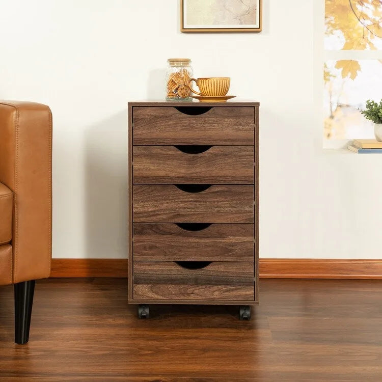 Commode à 5 tiroirs, commode de rangement en bois avec roulettes, organisateur de rangement pour travaux manuels et unité de rangement de bureau avec tiroirs
