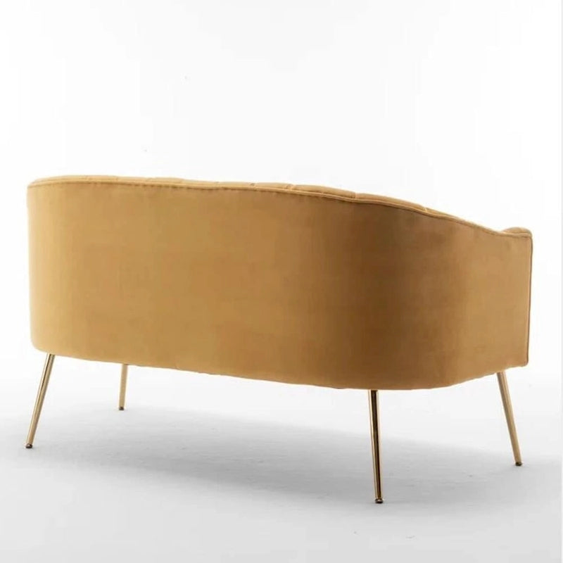Canapé 2 places incurvé style « Modern Glam » avec dossier capitonné et pieds en métal, 127 cm de large, mousse haute densité