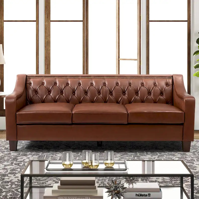 Canapé Mateo 82.28 large de transition en cuir véritable avec clous décoratifs et dossier capitonné
