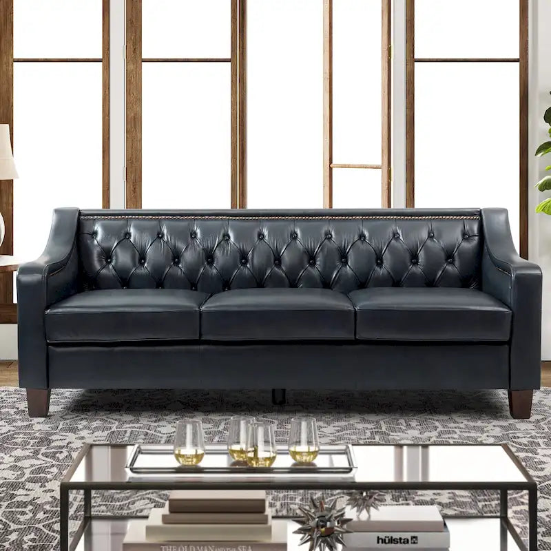 Canapé Mateo 82.28 large de transition en cuir véritable avec clous décoratifs et dossier capitonné