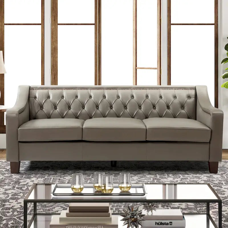 Canapé Mateo 82.28 large de transition en cuir véritable avec clous décoratifs et dossier capitonné