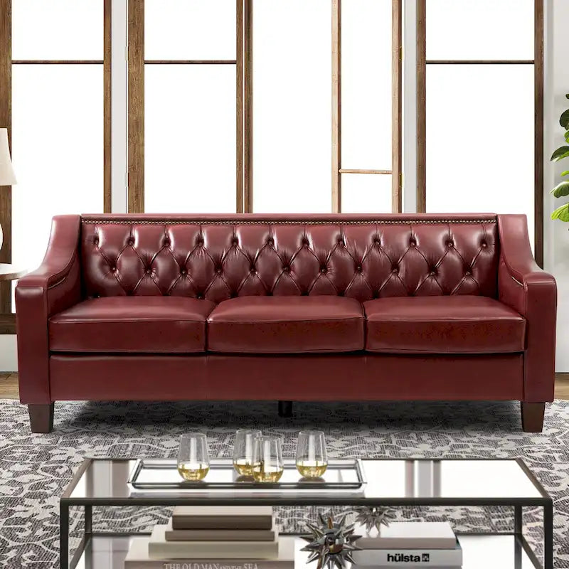 Canapé Mateo 82.28 large de transition en cuir véritable avec clous décoratifs et dossier capitonné