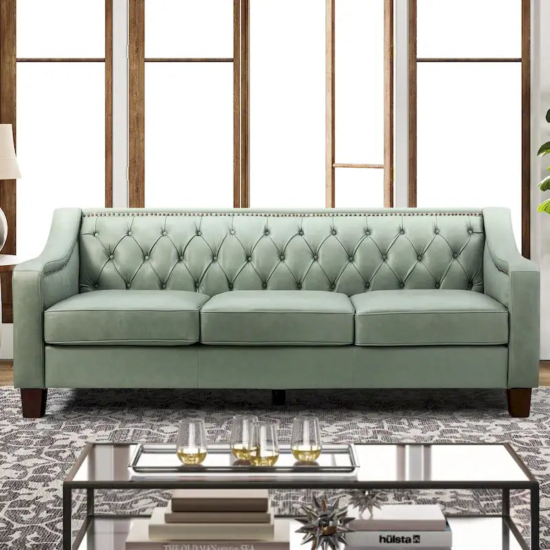 Canapé Mateo 82.28 large de transition en cuir véritable avec clous décoratifs et dossier capitonné