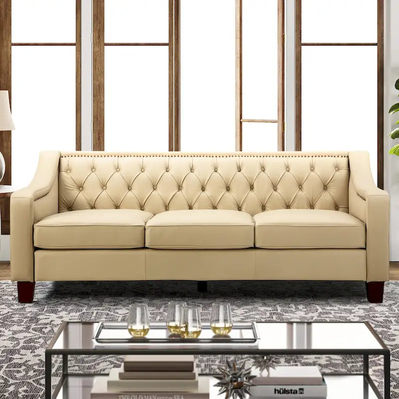 Canapé Mateo 82.28 large de transition en cuir véritable avec clous décoratifs et dossier capitonné