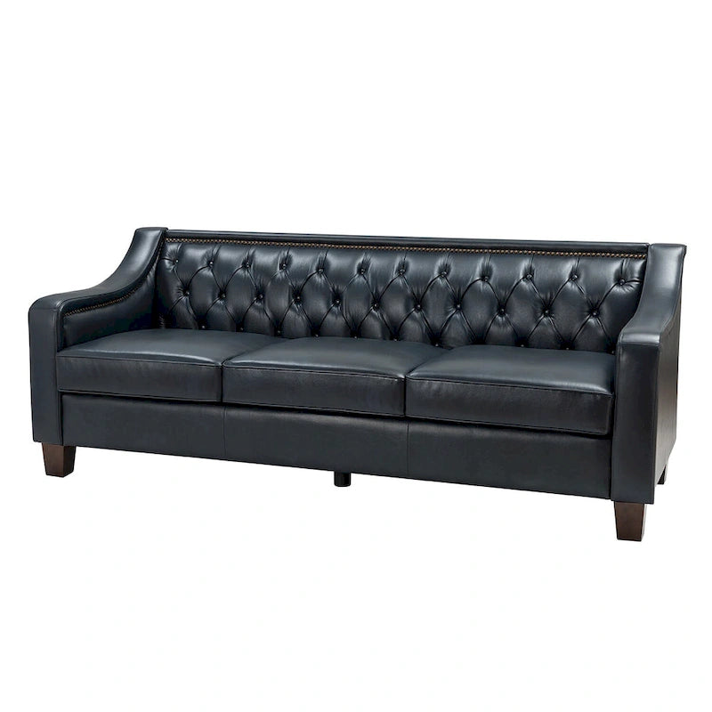 Canapé Mateo 82.28 large de transition en cuir véritable avec clous décoratifs et dossier capitonné