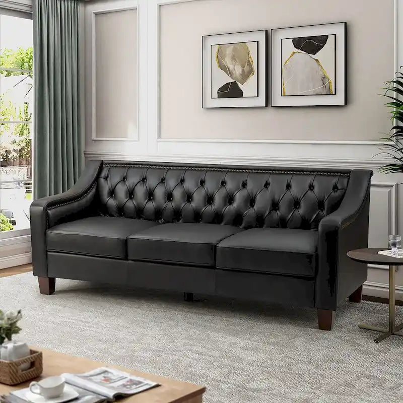 Canapé Mateo 82.28 large de transition en cuir véritable avec clous décoratifs et dossier capitonné