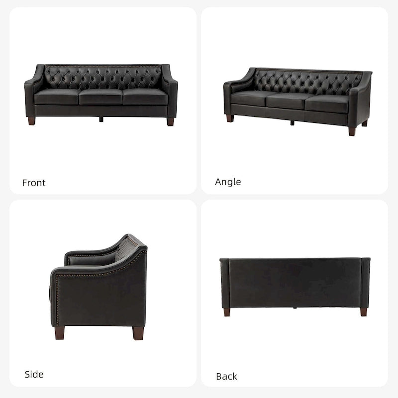 Canapé Mateo 82.28 large de transition en cuir véritable avec clous décoratifs et dossier capitonné