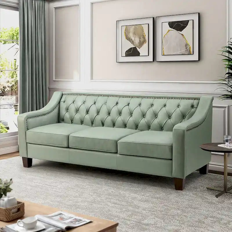 Canapé Mateo 82.28 large de transition en cuir véritable avec clous décoratifs et dossier capitonné