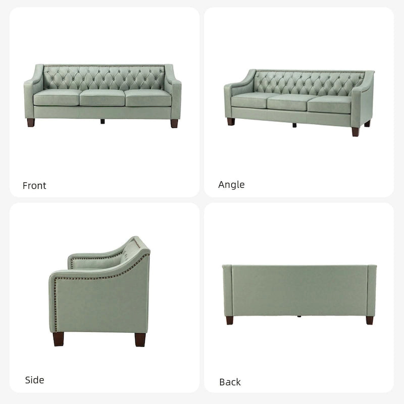 Canapé Mateo 82.28 large de transition en cuir véritable avec clous décoratifs et dossier capitonné