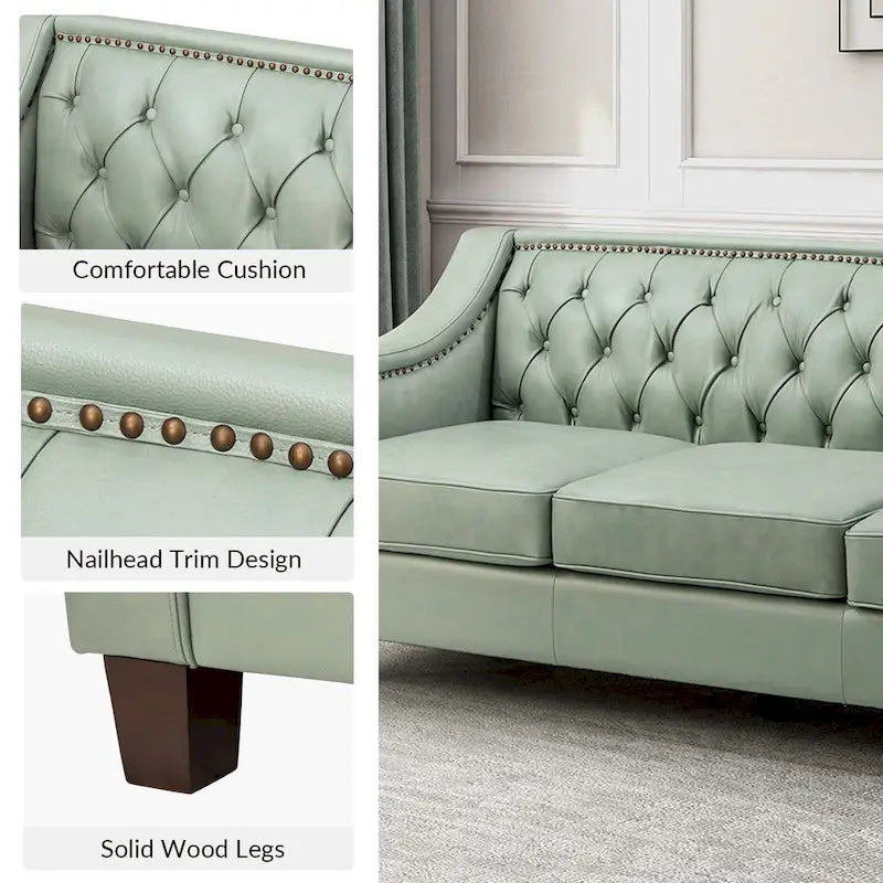 Canapé Mateo 82.28 large de transition en cuir véritable avec clous décoratifs et dossier capitonné