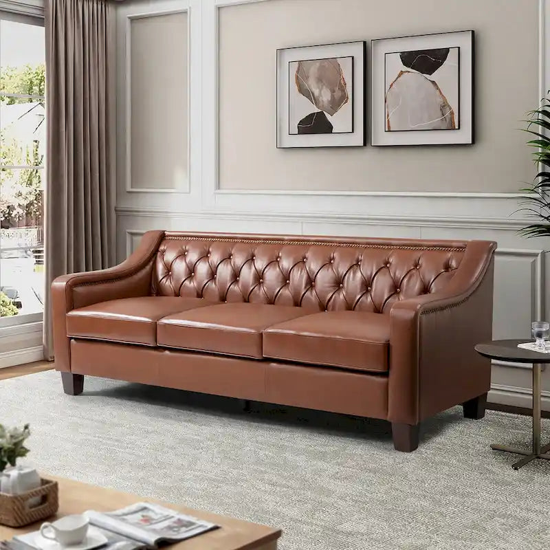 Canapé Mateo 82.28 large de transition en cuir véritable avec clous décoratifs et dossier capitonné