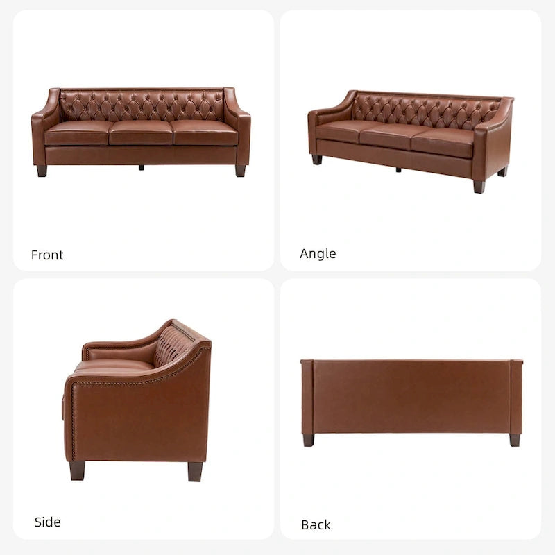 Canapé Mateo 82.28 large de transition en cuir véritable avec clous décoratifs et dossier capitonné