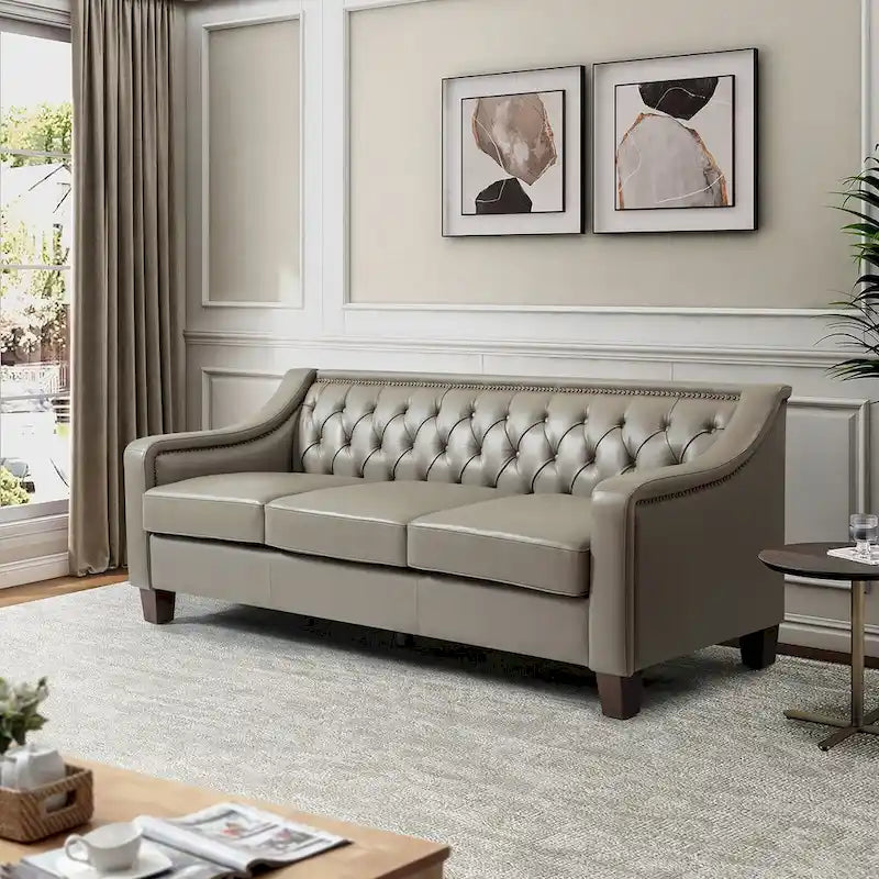 Canapé Mateo 82.28 large de transition en cuir véritable avec clous décoratifs et dossier capitonné