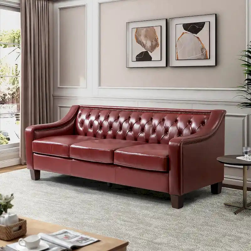 Canapé Mateo 82.28 large de transition en cuir véritable avec clous décoratifs et dossier capitonné