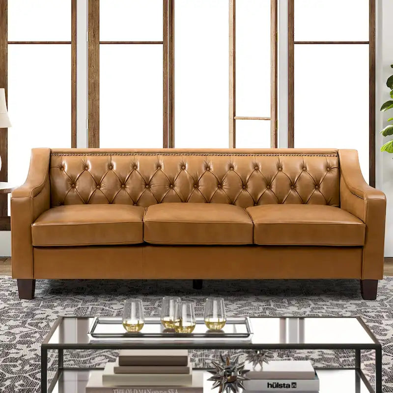 Canapé Mateo 82.28 large de transition en cuir véritable avec clous décoratifs et dossier capitonné