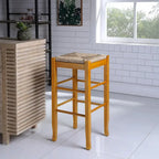 Tabouret de bar carré de 74 cm à assise en jonc tressé, cadre en bois massif avec double barre d'écartement, style rustique