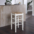 Tabouret de bar carré de 74 cm à assise en jonc tressé, cadre en bois massif avec double barre d'écartement, style rustique