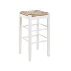 Tabouret de bar carré de 74 cm à assise en jonc tressé, cadre en bois massif avec double barre d'écartement, style rustique