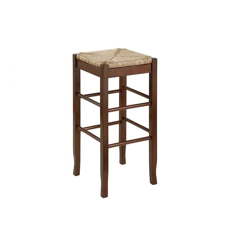 Tabouret de bar carré de 74 cm à assise en jonc tressé, cadre en bois massif avec double barre d'écartement, style rustique