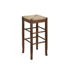 Tabouret de bar carré de 74 cm à assise en jonc tressé, cadre en bois massif avec double barre d'écartement, style rustique