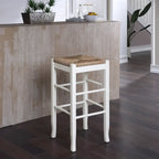 Tabouret de bar carré de 74 cm à assise en jonc tressé, cadre en bois massif avec double barre d'écartement, style rustique