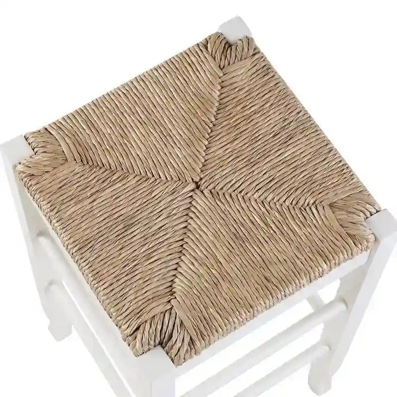 Tabouret de bar carré de 74 cm à assise en jonc tressé, cadre en bois massif avec double barre d'écartement, style rustique
