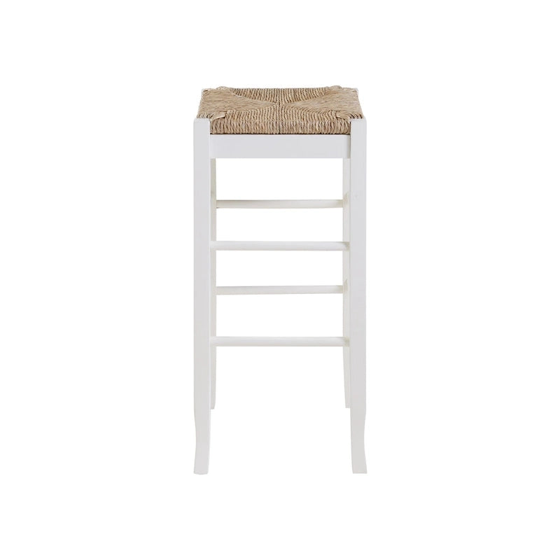 Tabouret de bar carré de 74 cm à assise en jonc tressé, cadre en bois massif avec double barre d'écartement, style rustique