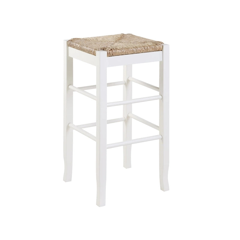 Tabouret de bar carré de 74 cm à assise en jonc tressé, cadre en bois massif avec double barre d'écartement, style rustique